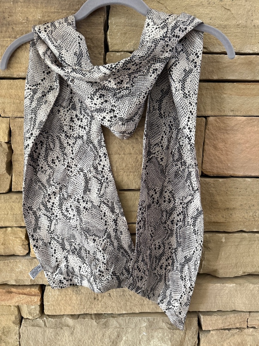 Classic Snake-Print Silk Scarf -Black & Cream. Double Layered Fabric, Angled End